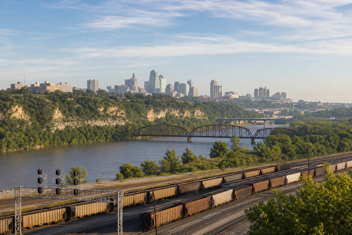 The Kansas City skyline rising above the Missouri River bluffs with a river bridge and rail yard visible in the foreground