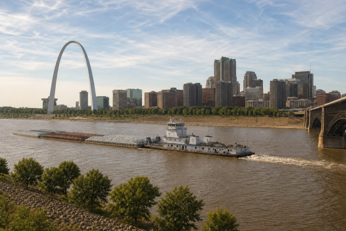 The Gateway Arch and the downtown St. Louis skyline seen across the Mississippi River with a working barge tow in the foreground